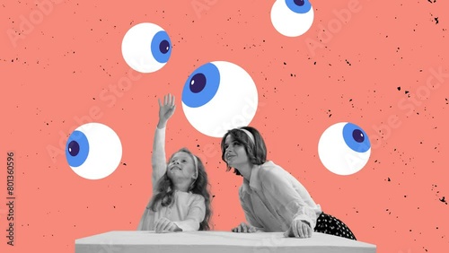 Stop motion, animation. Mother and little daughter sitting under many eyes drawings isolated over peach background. Social influence. Concept of relationship, family, pressure, psychology. comfort photo