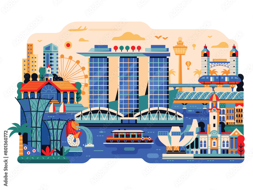 Travel Singapore Scene with Tourist Landmarks