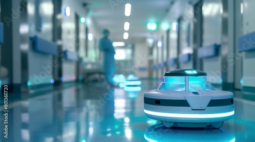 Futuristic cleaning robots disinfecting medical equipment and surfaces in hospital wards  reducing the risk of infections.