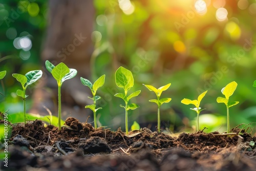 A close-up image of a row of young plants growing in soil with a blurred background of sunlight shining through trees.