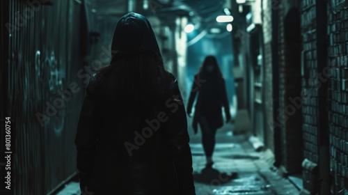 Woman walking quickly down a dark alley looks over her shoulder at a hooded figure in the distance