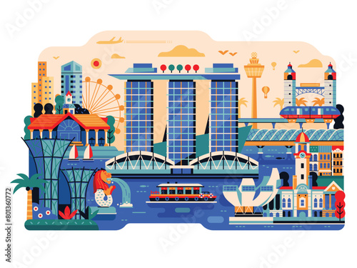Travel Singapore Scene with Tourist Landmarks (ID: 801360772)