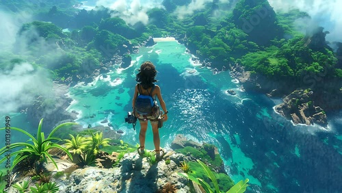 anime girl stands on top of a mountain looking down onto a tropical beach with blue water with lush greenery and a crystal clear lagoon. Seamless looping 4k time-lapse video animation background photo
