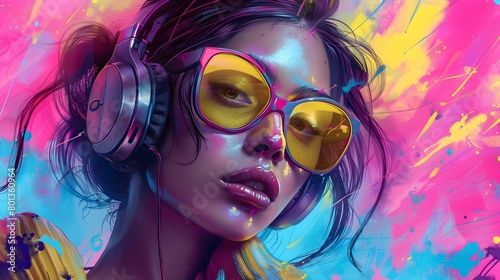 Futuristic Digital Portrait of a Stylish Woman with Neon Makeup and Headphones
