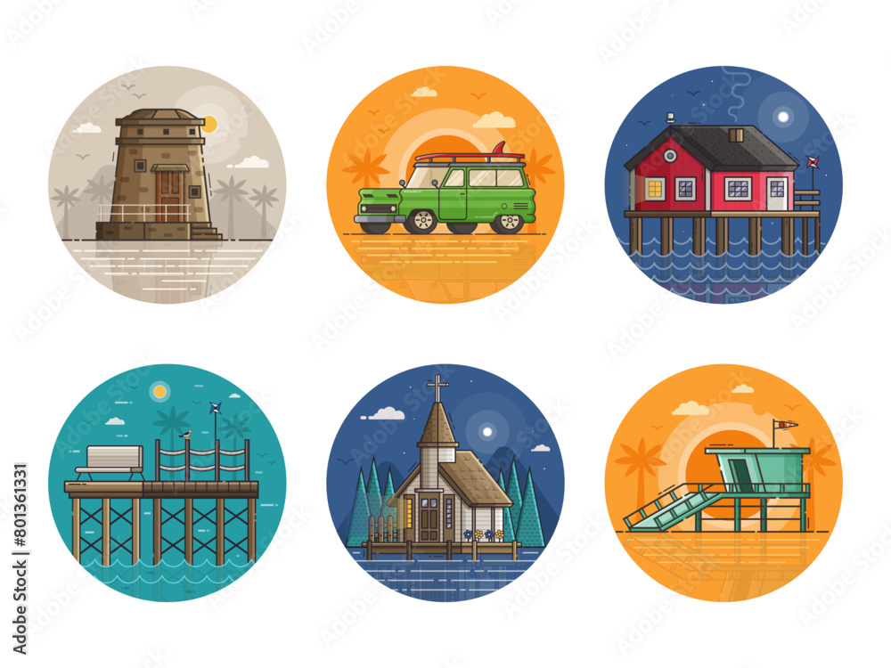 Sea Vacation Travel Circle Icons