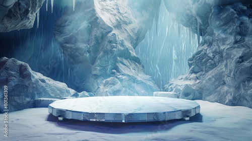 An icy cavern with a glowing blue crystal in the center.