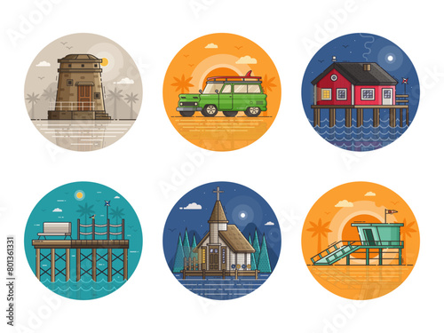 Sea Vacation Travel Circle Icons (ID: 801361331)