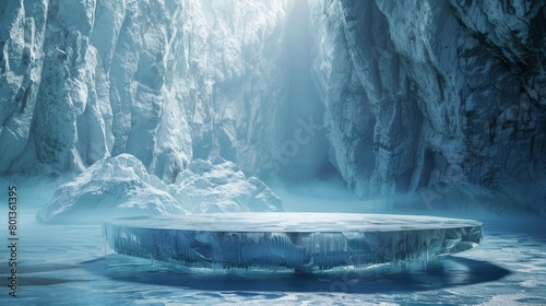 Ice cave with a glowing blue crystal in the center. photo
