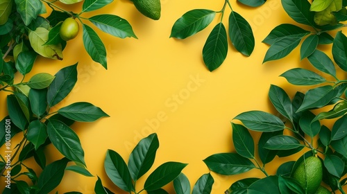 Bright image of fresh green citrus leaves and fruits on a vivid yellow background with copy space.