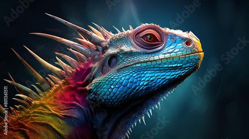 close up of iguana Bright beautiful lizard close-up on colored background