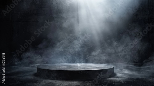 A dark and mysterious room with a spotlight shining down on an empty pedestal.
