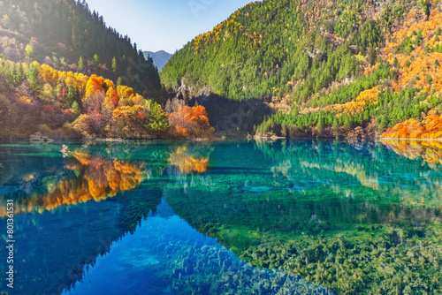 Five Flower Lake at autumn sunrise time. Jiuzhaigou nature reserve.