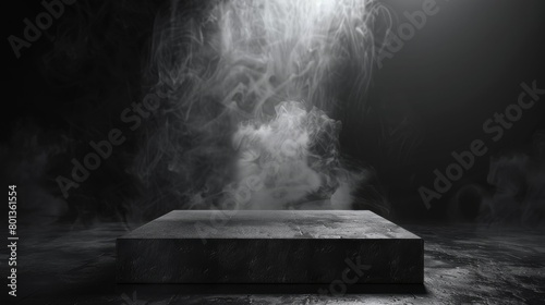 A spotlight shines down on a stone pedestal surrounded by smoke.
