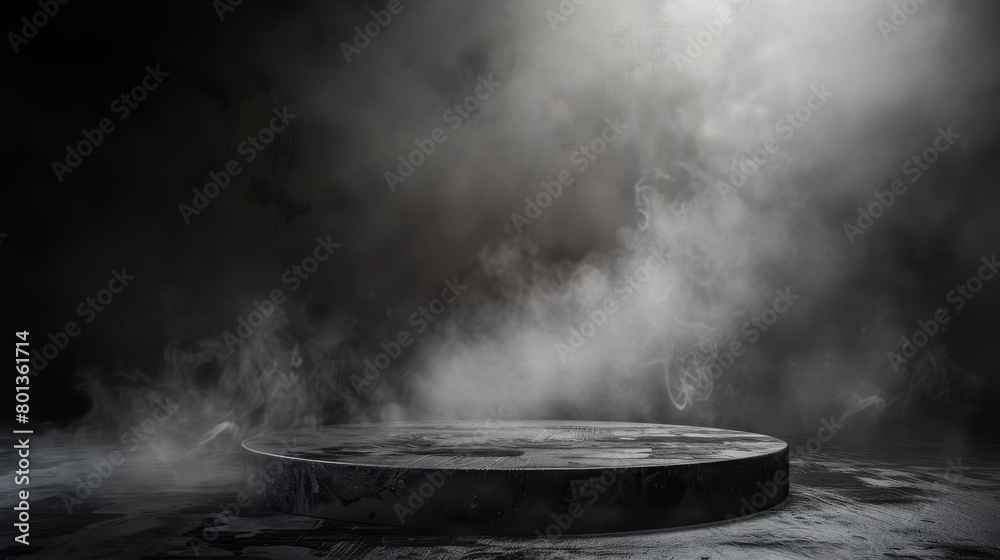 A spotlight shines down on a marble pedestal, surrounded by a smoky atmosphere.
