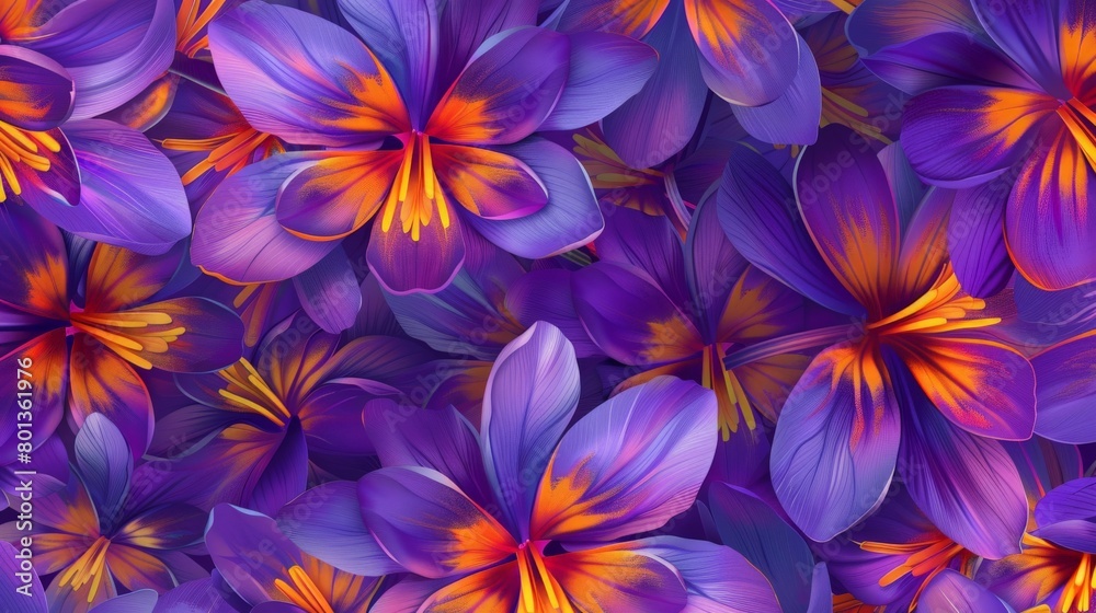 A seamless pattern of saffron crocus, the source of the precious spice, depicted with vibrant purple and yellow hues