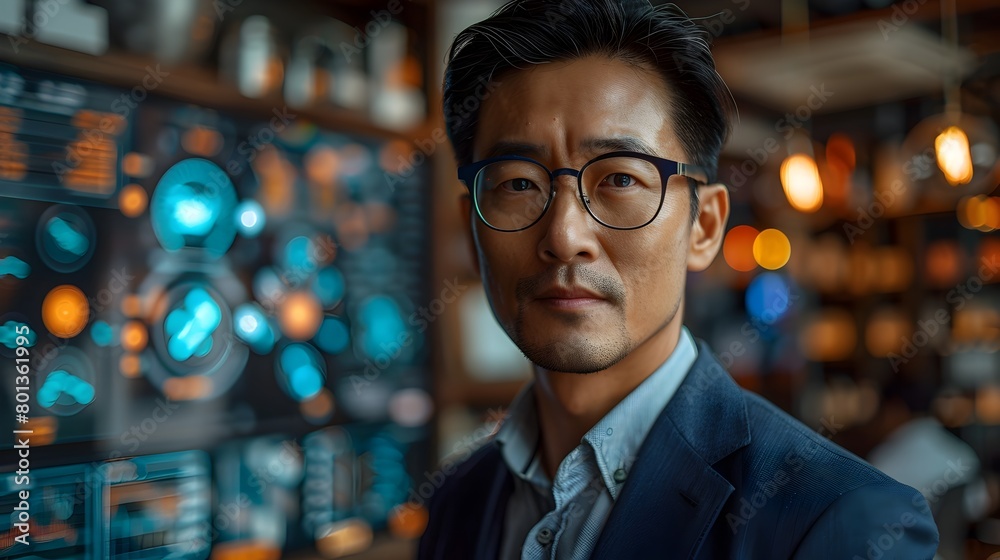 Fototapeta premium Asian Businessman Investing in Futuristic Brand Reputation and Trust with Technology HUD Hologram
