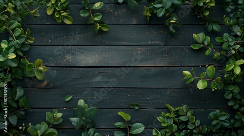 Dark wooden planks with lush green leaves spread out over the surface, offering a natural background.