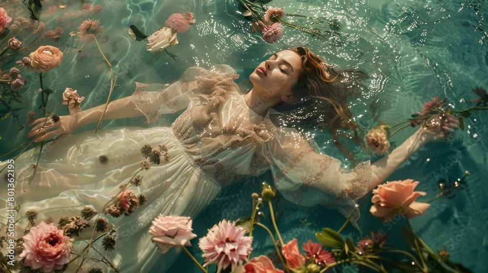 Fototapeta premium A woman in a white dress floating in a body of water surrounded by flowers
