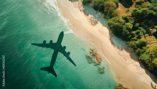 Shade of airplane on tropical beach
