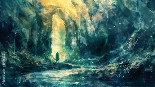 Digital watercolor illustration of an underground cavern housing a fantastical alternate world, with a mystic river flowing and a mysterious figure nearby. photo