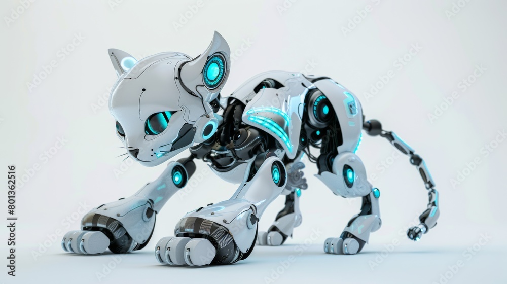 A robot cat with glowing eyes and tail