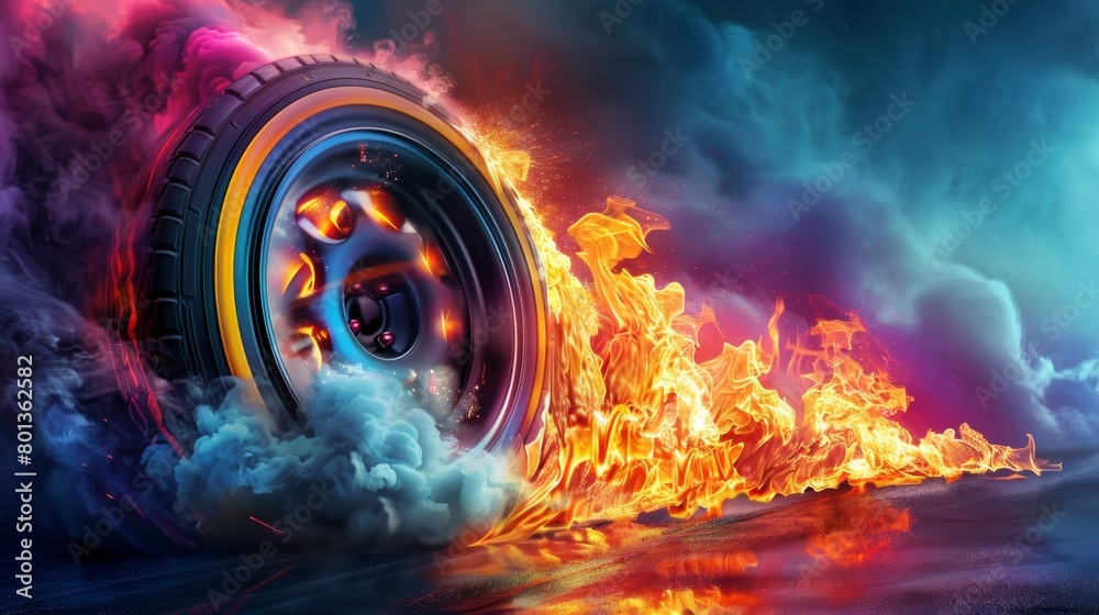 Fototapeta premium A wheel is on fire and is surrounded by smoke. The wheel is on a wet road and is surrounded by water