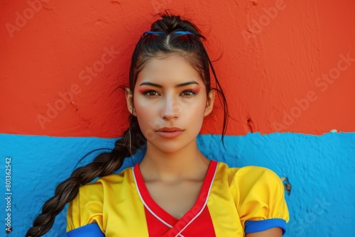 Dynamic Colombian Spirit: Sports Model Showcases Fashion Trend Against Vibrant Flag-Colored Wall in Outdoor Photoshoot.
