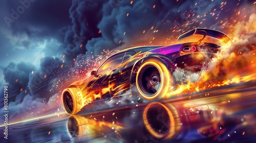 A car is driving down a road with flames coming out of its wheels. The car is surrounded by fire and smoke, creating a sense of danger and excitement