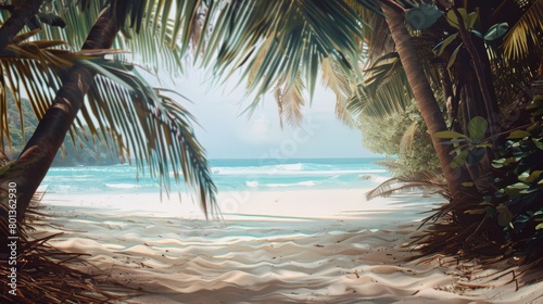 A painting of a beach with palm trees