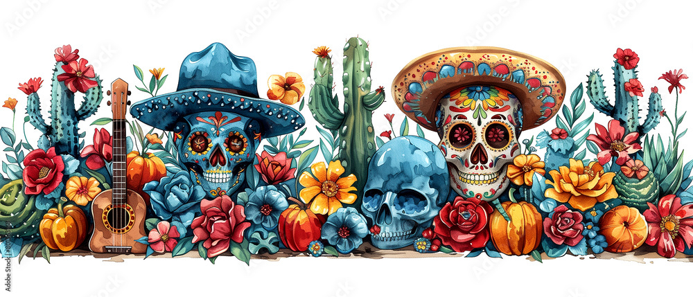 A colorful border of skulls and flowers with a guitar in the foreground