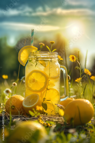 Lemonade with yellow wild flowers at sunset