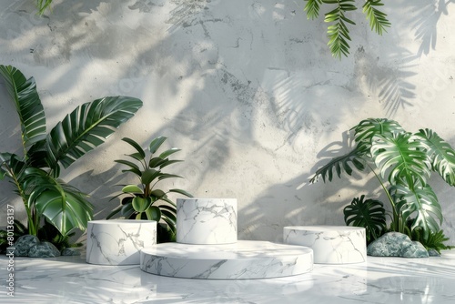 3 marble podiums in front of a marble wall with tropical leaves