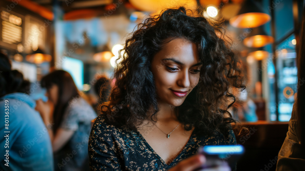 A young woman with curly hair smiles gently while looking at her smartphone in a cozy cafe setting with warm lighting.