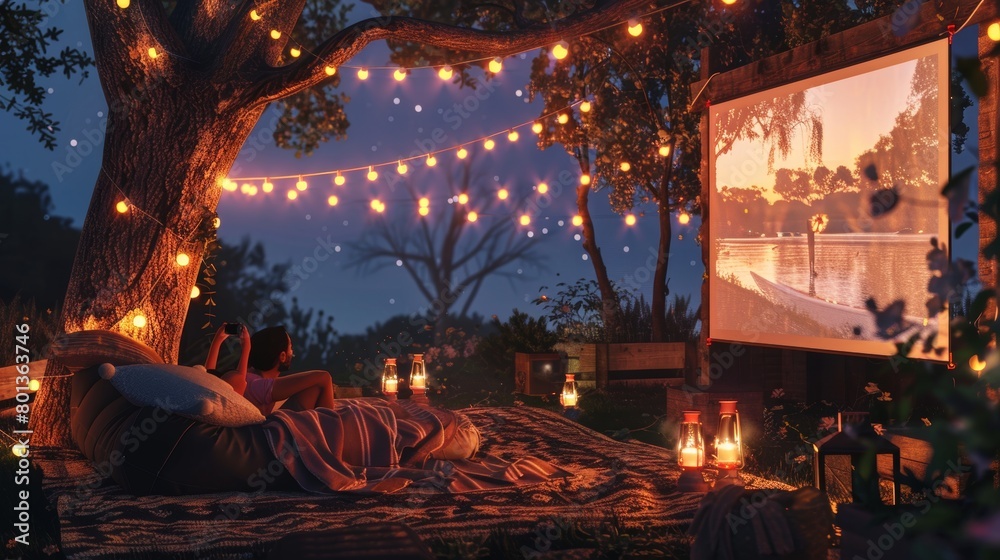 Creating a cozy outdoor movie night setup under the starlit night sky for magical film viewing