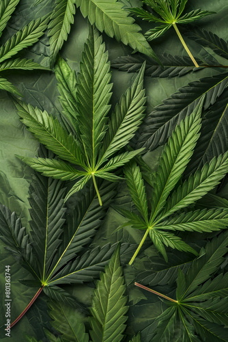 3D Top View of Green Cannabis Leaves on a Lush Background, Nature Botanical Concept with Copy Space