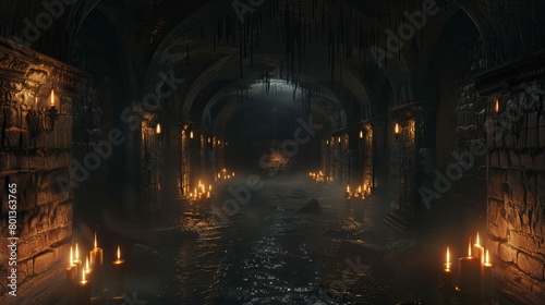 Eerie depiction of endless medieval catacombs illuminated by torches, evoking a sense of mystical dread. 3D Rendering photo