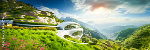 bioclimatic villa on green riff in mountains with flowers and sun