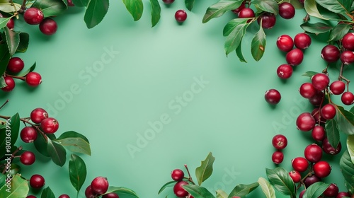 Vibrant image of red cherries with green leaves on a mint green background with ample copy space.