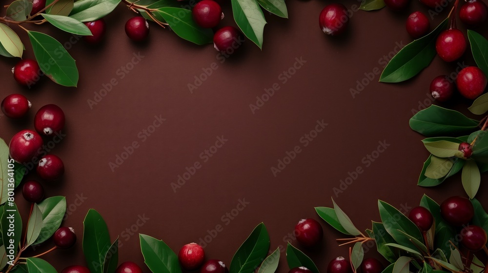Fresh red cranberries with green leaves arranged neatly on a brown background, offering ample copy space. Fresh red cranberries with green leaves arranged neatly on a brown background, offering ample copy space.