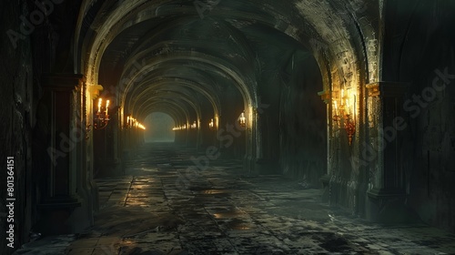 Eerie depiction of endless medieval catacombs illuminated by torches  evoking a sense of mystical dread. 3D Rendering