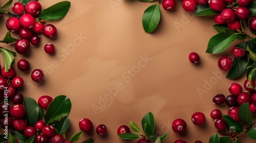Lush red cranberries with green leaves scattered on a soft beige background with ample copy space.