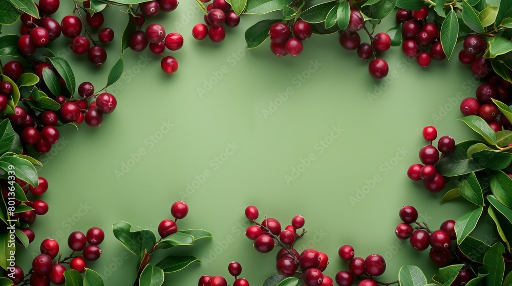 Vibrant red cranberries with fresh green leaves on a light green background, featuring ample copy space. Vibrant red cranberries with fresh green leaves on a light green background, featuring ample copy space.