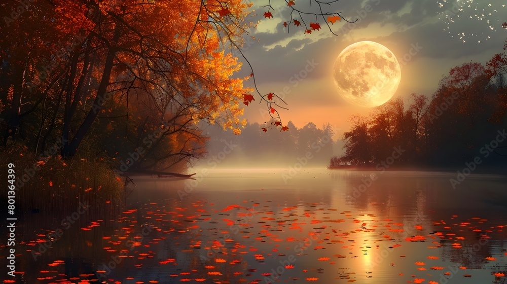 Tranquil Autumn Lake Bathed in Moonlight s Golden Glow