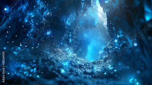 Enigmatic depiction of a blue mystical cave adorned with sparkling crystals, invoking a sense of adventure and intrigue. 3D Rendering