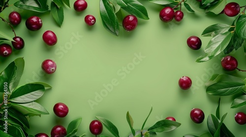 Vibrant image of fresh red cherries scattered with lush green leaves on a soft green background.