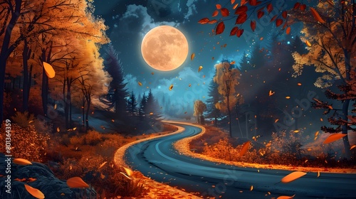 Winding Autumnal Road Beneath a Luminous Moonlit Sky in the Enchanting Forest Landscape