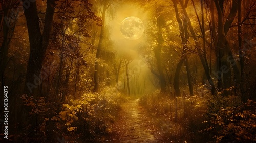Enchanting Autumn Forest Path Illuminated by Mystical Moonlight