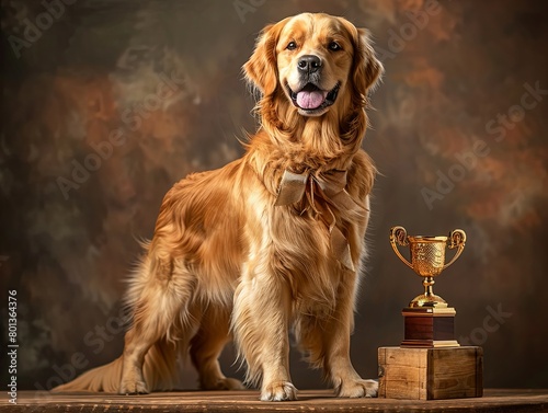 Close-up of a dignified dog with a trophy