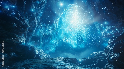 Enigmatic depiction of a blue mystical cave adorned with sparkling crystals, invoking a sense of adventure and intrigue. 3D Rendering