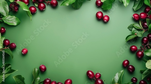 Frame of fresh red cherries with vibrant green leaves on a green background, ideal for template usage.